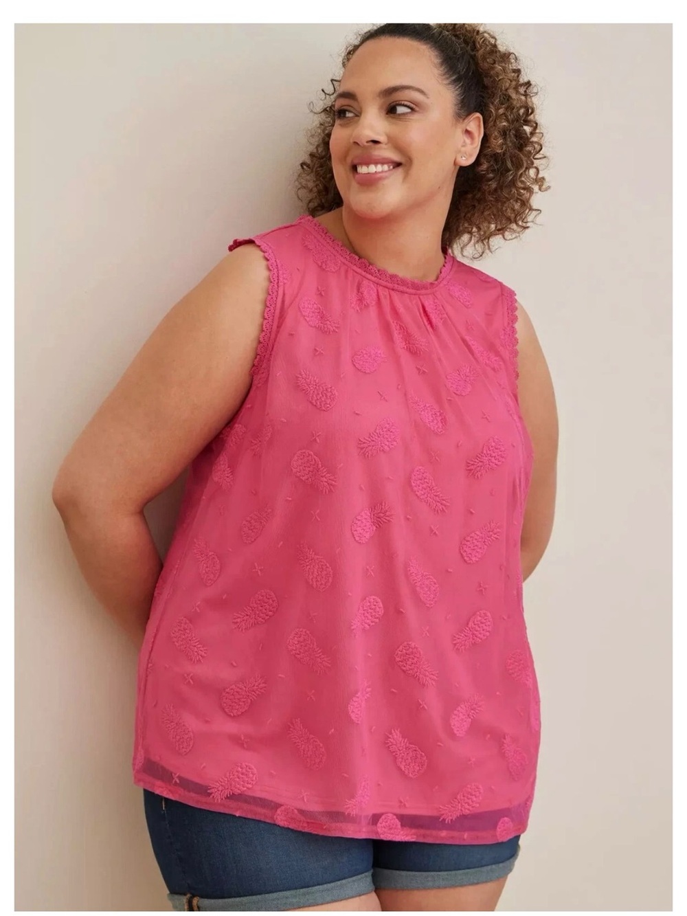 Torrid Pink Pineapple Embroidered Mock Neck Tank Top Blouse Size 3 = 3X